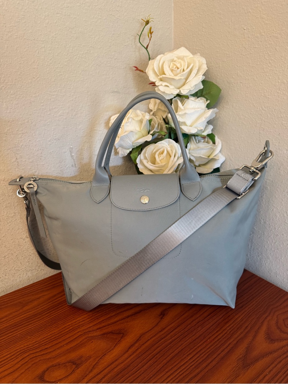 Longchamp Light Gray Le Pliage Large Tote